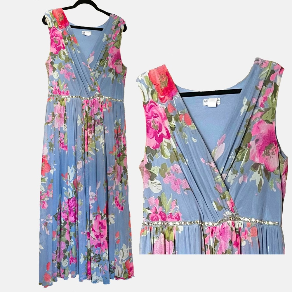 Alexa B Nite Blue Floral Maxi Dress | Bejeweled Waist | Plus Size Formal Dress